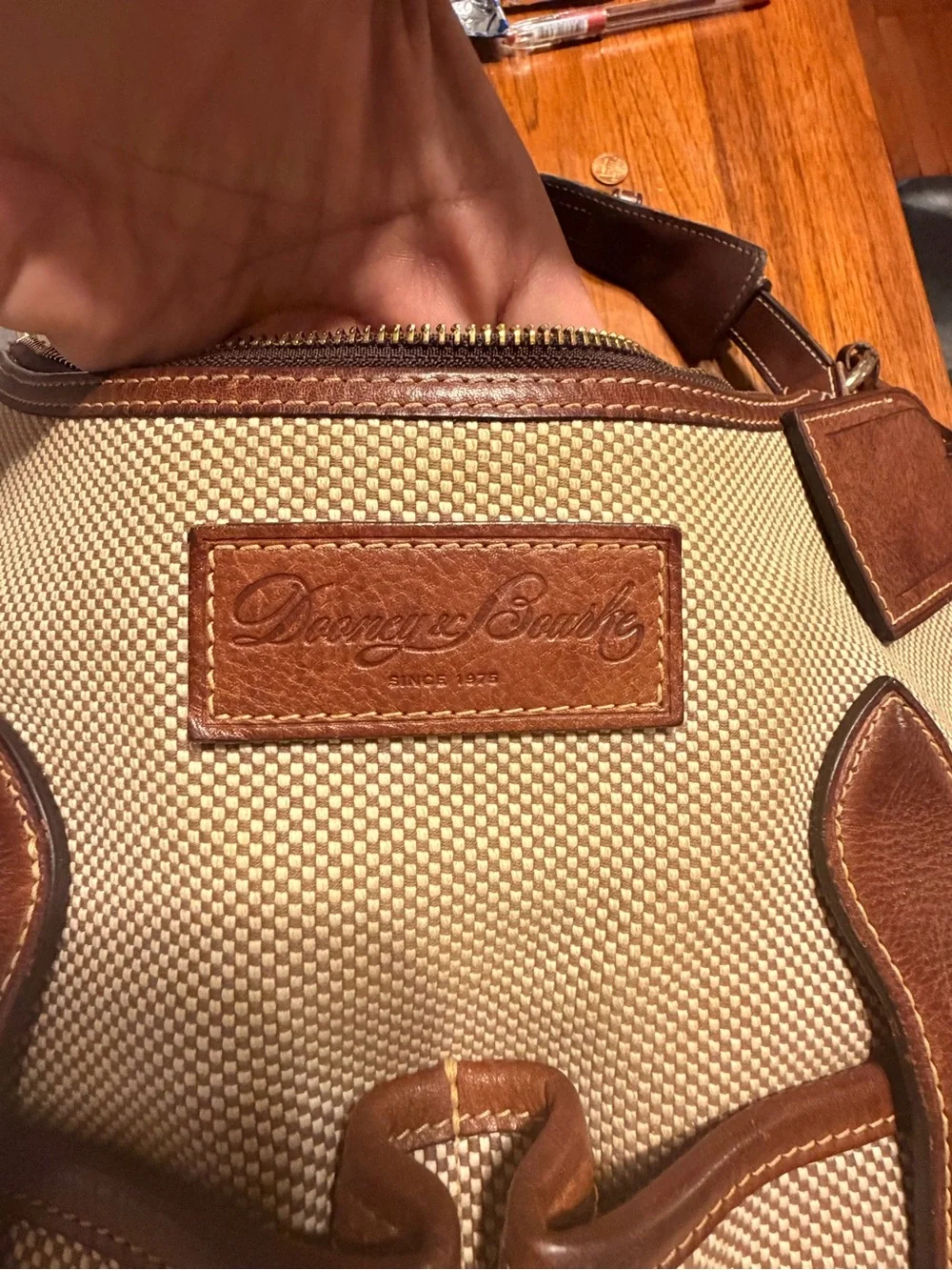 Dooney & Bourke Beige Canvas Shoulder Bag with Brown Leather Trim